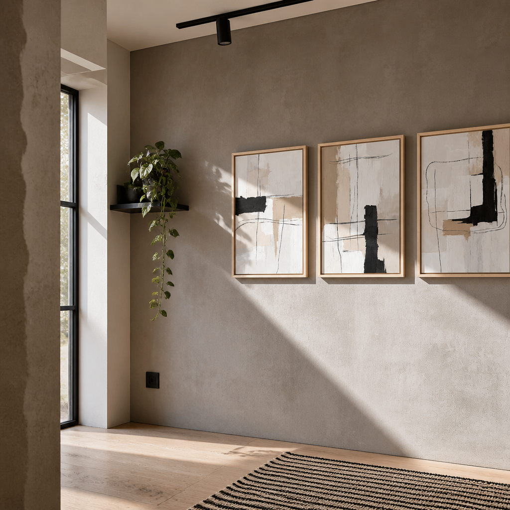 Abstract minimalist framed print trio on a microcement wall with hard raking sunlight
