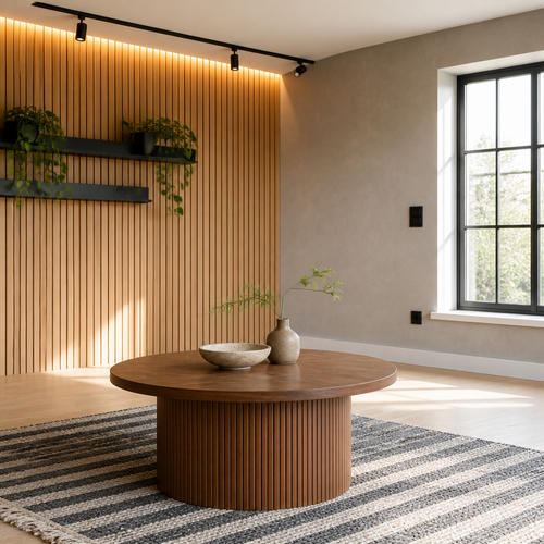 Round walnut coffee table in a wide living room view with backlit oak slat wall