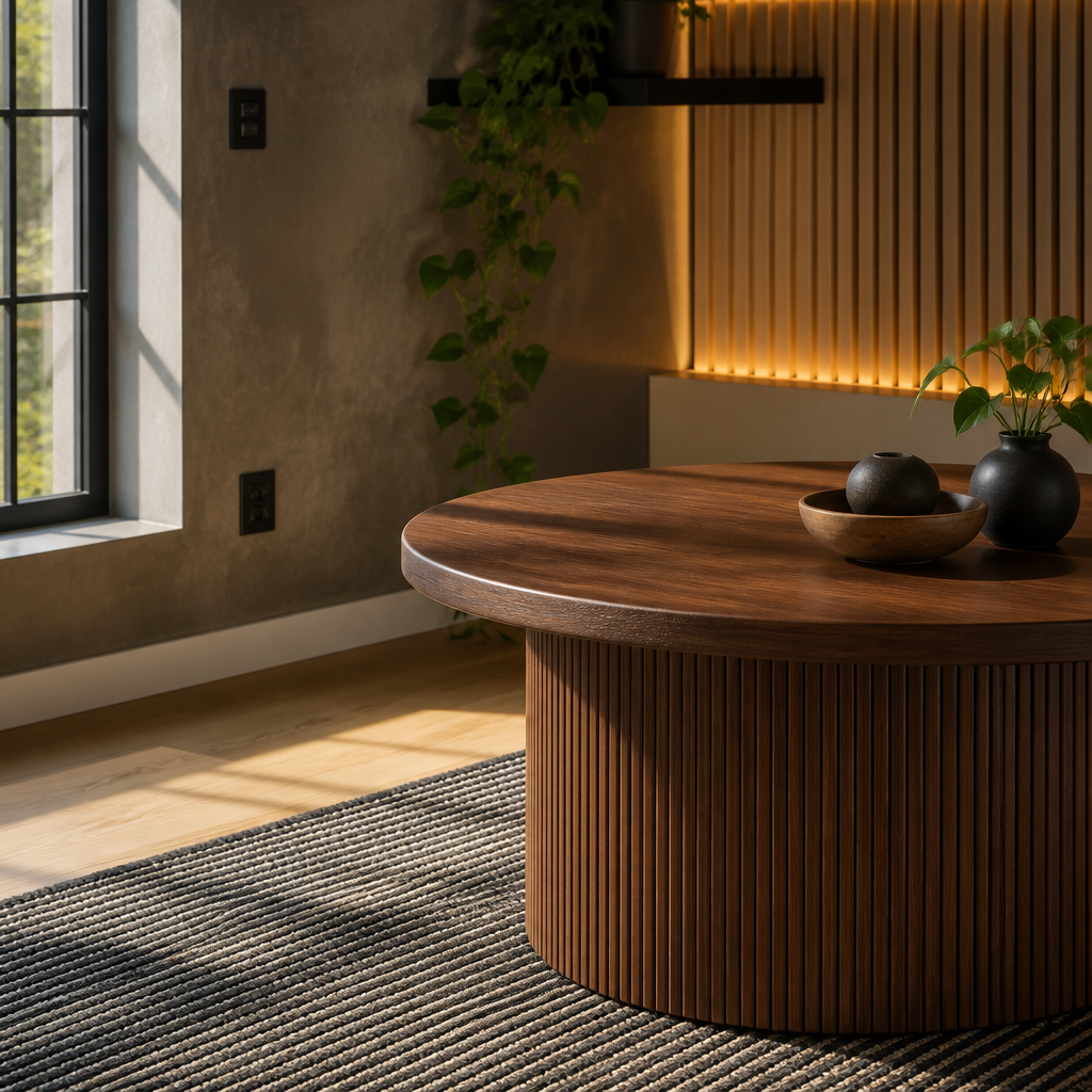 Styled three quarter vignette of the round walnut coffee table