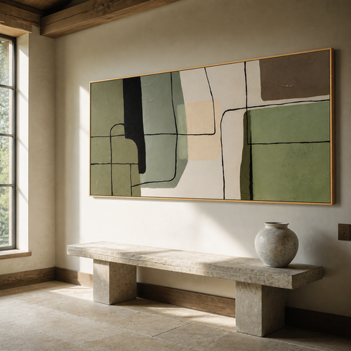Sage and cream abstract canvas hung above a low limestone bench in cool north light