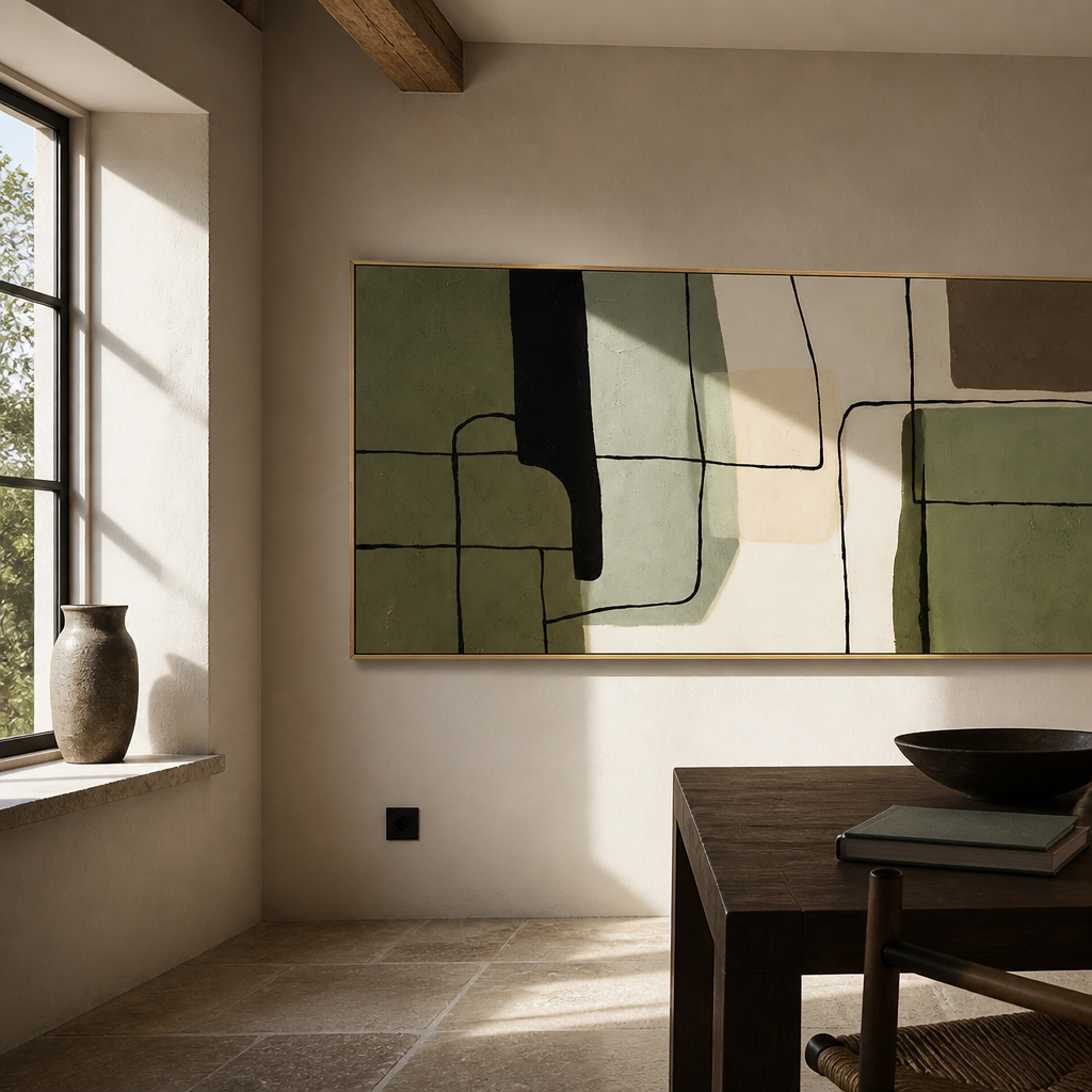 Gold framed abstract canvas in a limestone corner with a hard rectangle of window light