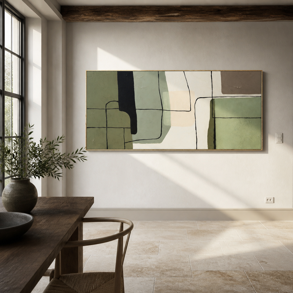 Wide view of the horizontal abstract canvas above a limestone flag floor under an exposed timber beam
