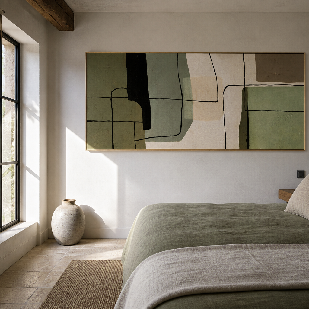 Sage green abstract canvas hung above a bed in a lime washed bedroom