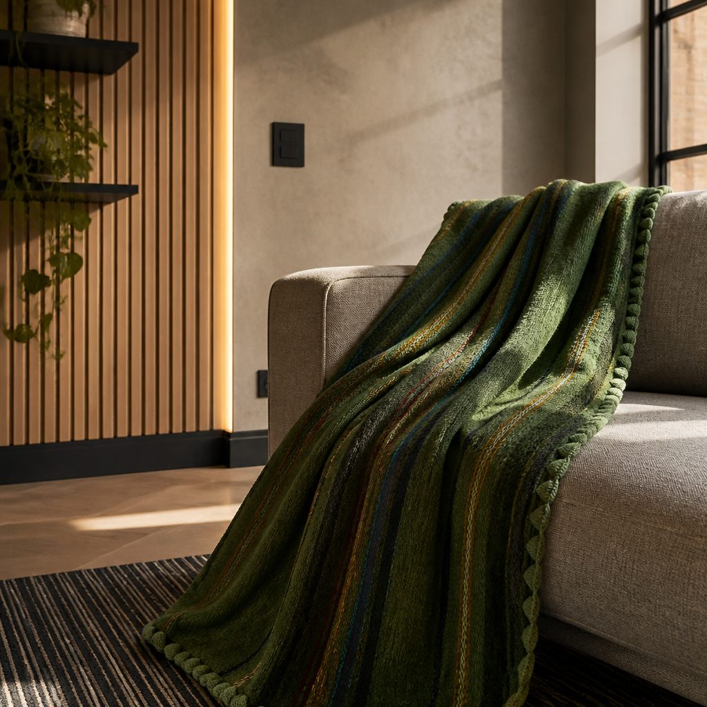Alpaca wool throw blanket draped over the arm of a low grey linen sofa in a microcement interior