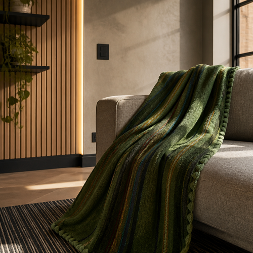 Alpaca wool throw blanket draped over the arm of a low grey linen sofa in a microcement interior