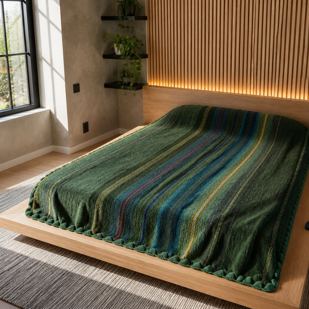 Alpaca wool throw blanket spread open across a low oak platform bed showing the full variegated stripe sequence