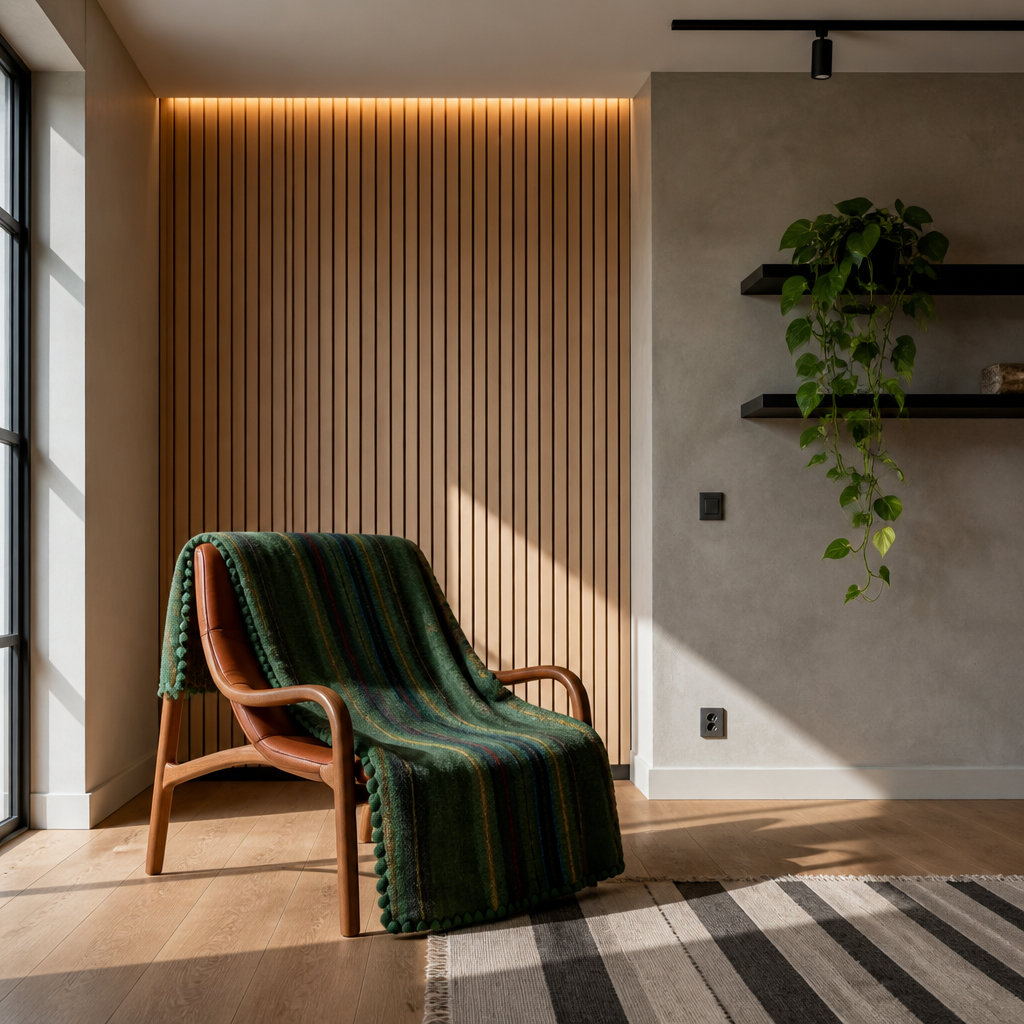 Alpaca wool throw folded over a bentwood lounge chair in a slat wall living room