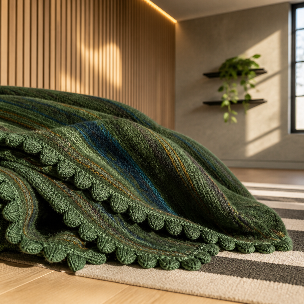 Close view of the hand-crocheted scalloped picot border and brushed nap of the green alpaca wool throw