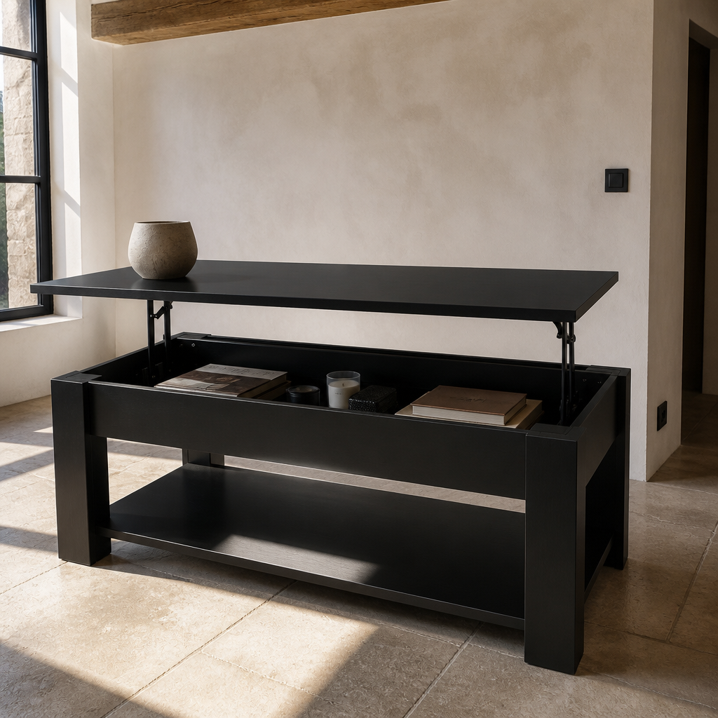 Flat black lift-top coffee table with the top raised over the hidden compartment