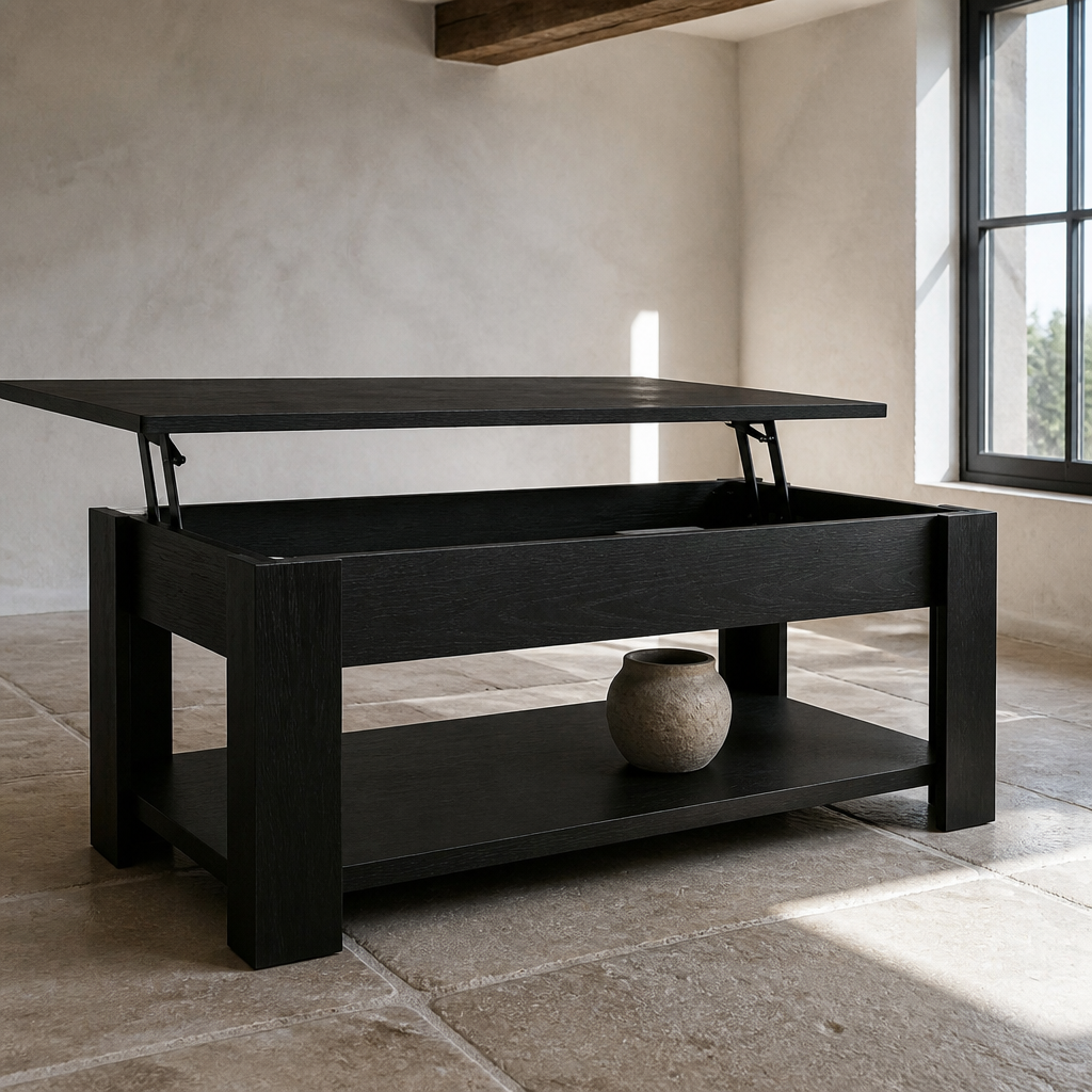 Black oak lift-top coffee table with the top raised and storage open