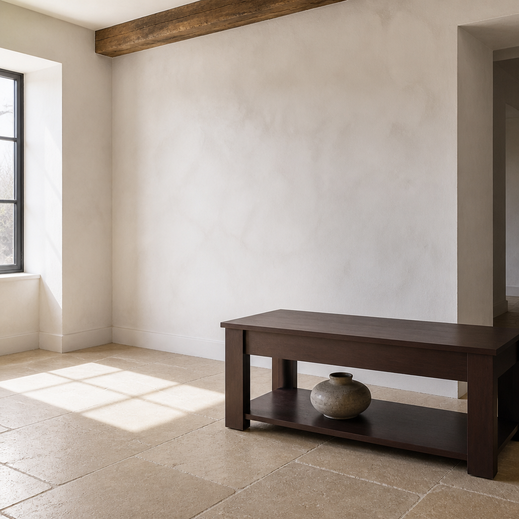Espresso lift-top coffee table closed, wide room view with limestone floor