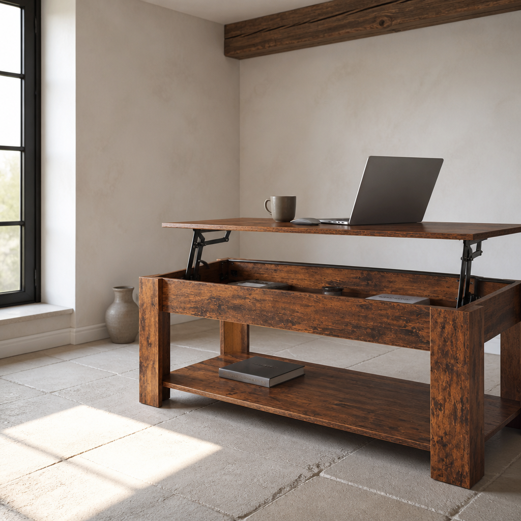 Rustic brown lift-top coffee table with the top raised and lower shelf visible