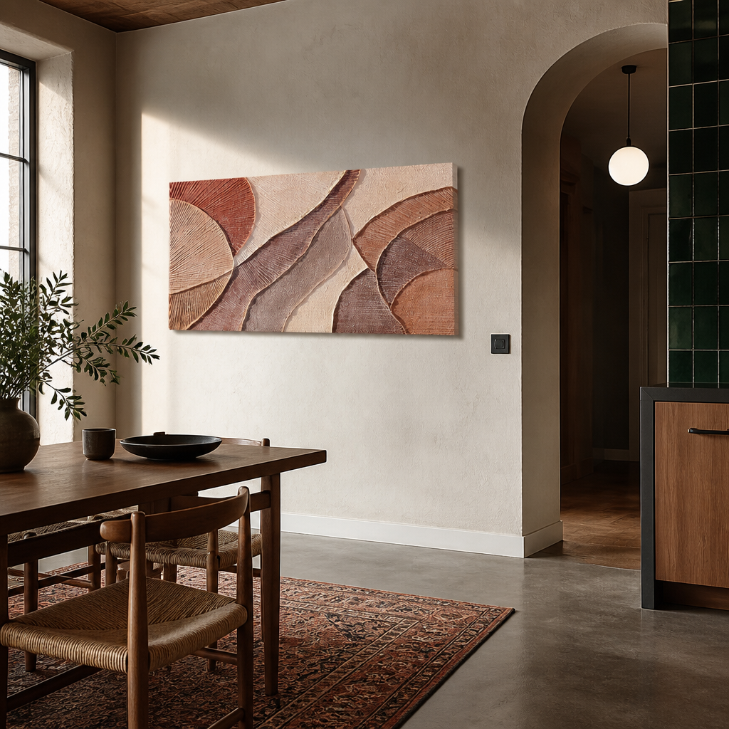 Wide view of the textured terracotta abstract panel in a lime plaster dining room
