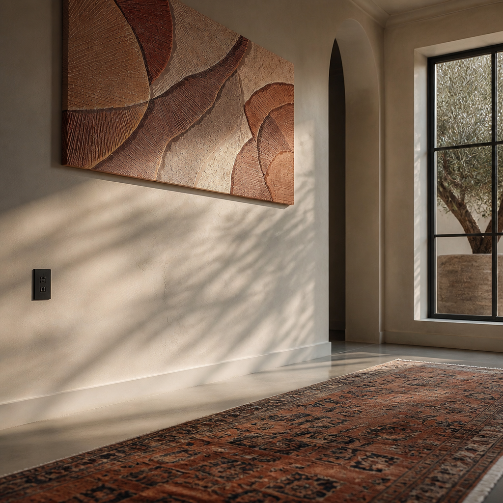 Terracotta textured wall panel above a faded persian runner on polished concrete