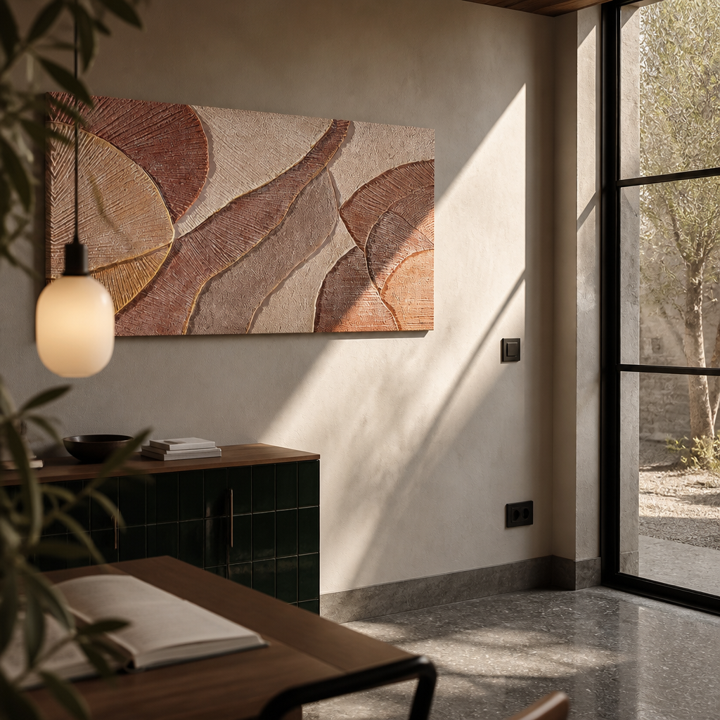Terracotta relief wall panel in a lime plaster corner beneath an opal glass pendant