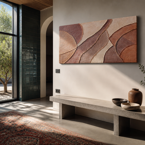 Textured terracotta wall panel above a low concrete bench beside deep green zellige tile