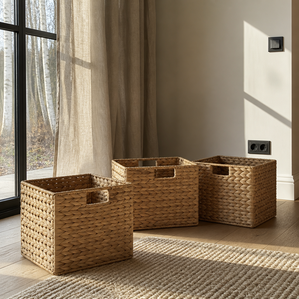 Woven water hyacinth storage cubes on a wool rug beside a window