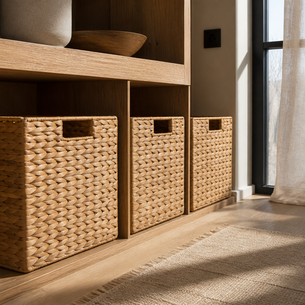 Close view of the woven texture and cut-in handles of the storage cubes