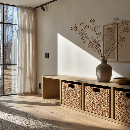 Woven water hyacinth storage cubes in a low oak cube console
