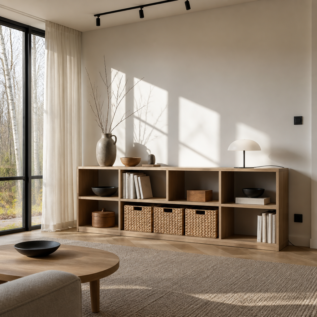 Woven storage cubes in a Nordic oak living room with cube shelving