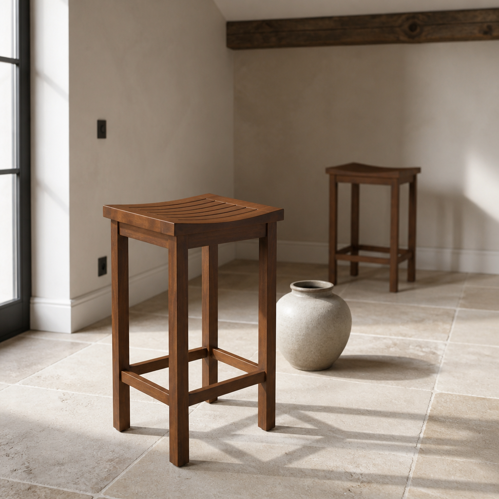 Acacia bar stool at a three quarter angle showing square tapered legs and low box stretcher footrest