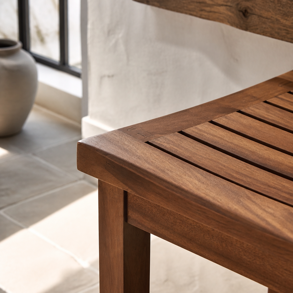 Close view of the saddle scooped slatted seat and mortise and tenon corner joinery in acacia hardwood