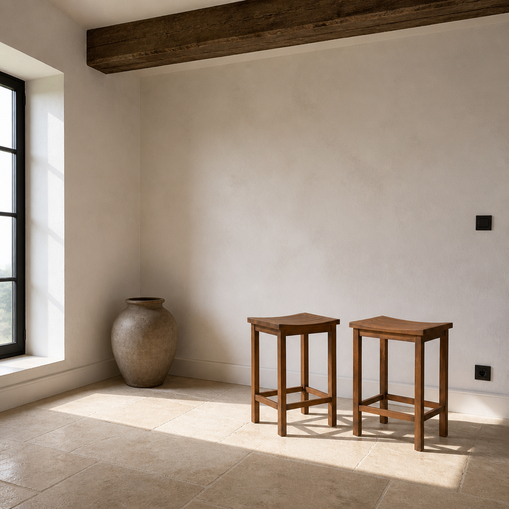 Set of two acacia bar stools in a chalk white room with limestone flag floor and exposed timber beam