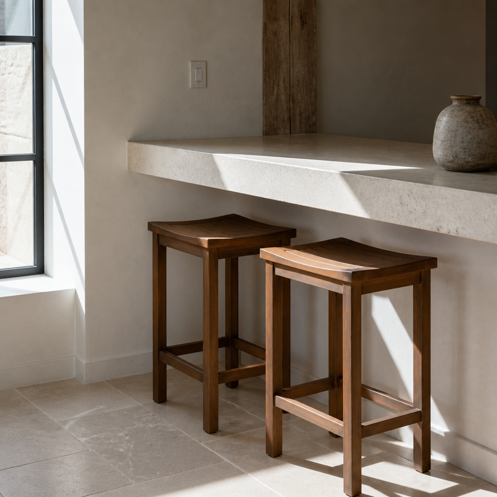 Pair of acacia bar stools tucked under a limestone counter in a lime washed kitchen