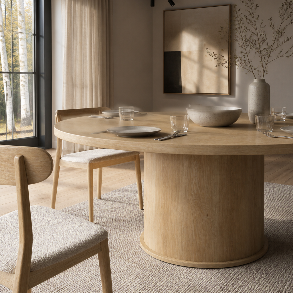 Round oak dining table set for lunch with pale oak dining chairs