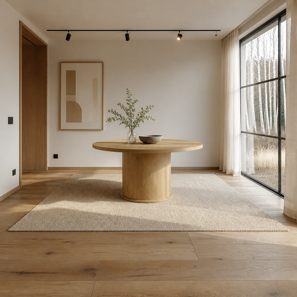 Round oak pedestal dining table in a wide Nordic dining room with birch beyond the glazing