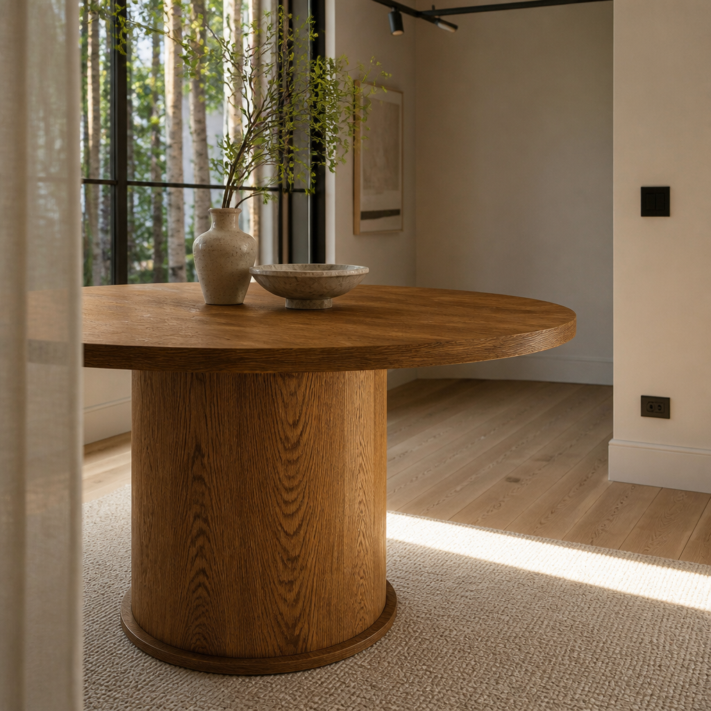 43 inch round pedestal dining table in walnut finish, three quarter view in afternoon light