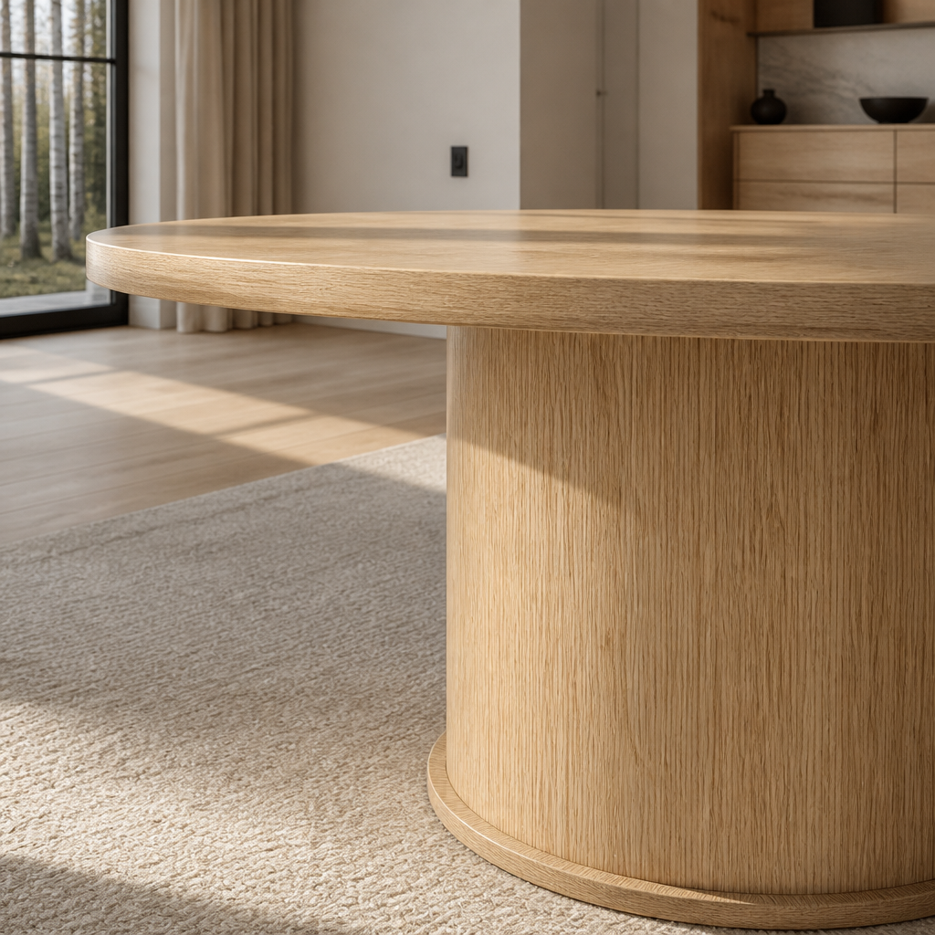 Close detail of the eased tabletop edge and the vertical grain of the drum pedestal
