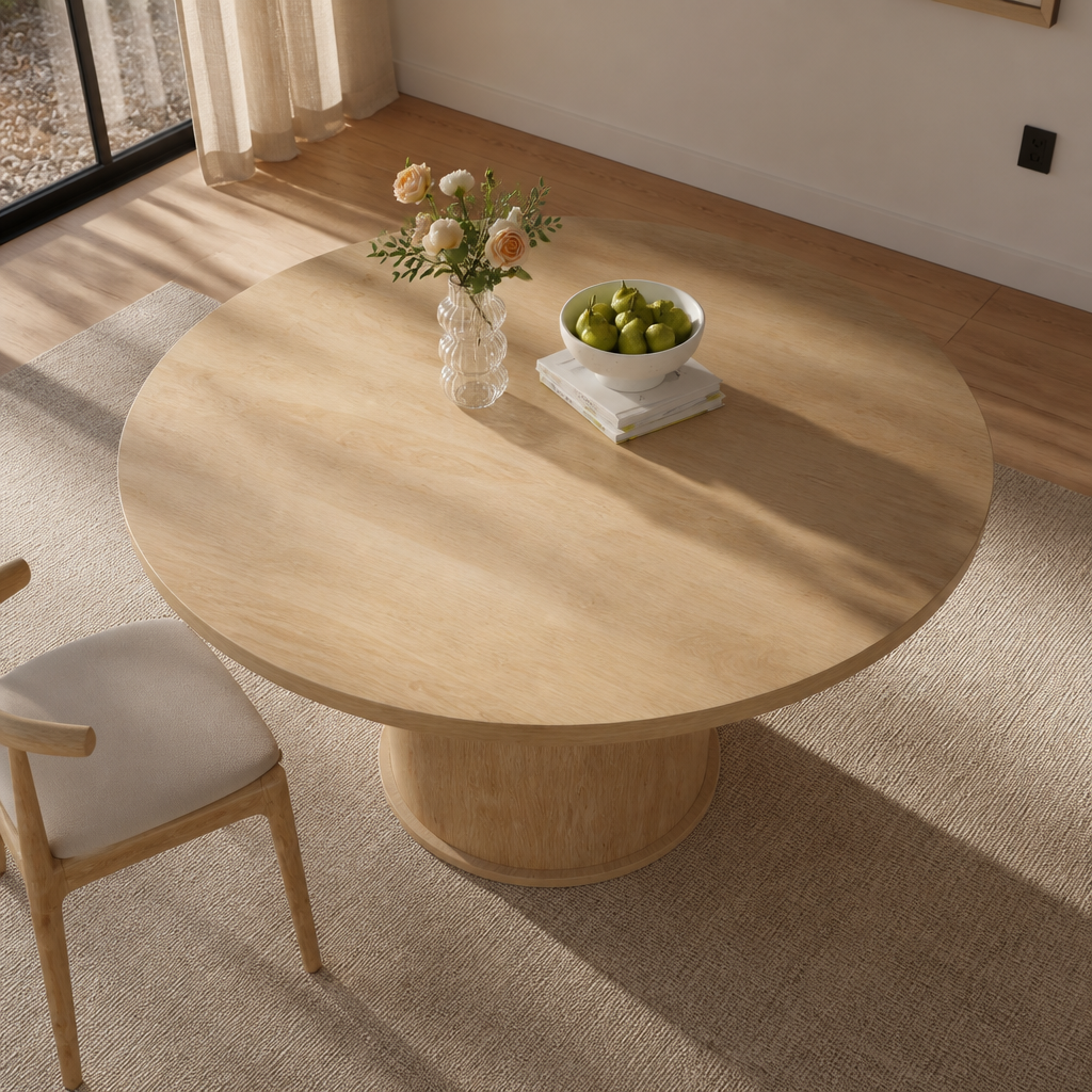 Overhead view of the round oak dining table laid with stoneware and glassware