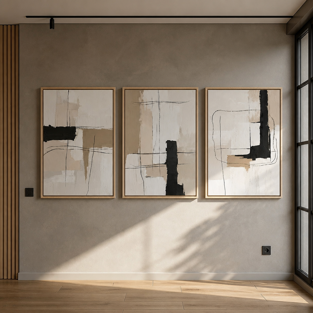Set of three abstract minimalist canvas prints in pale solid wood floater frames hung in a row on a warm grey microcement wall