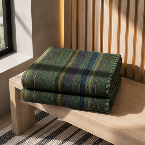 Green variegated alpaca wool throw blanket folded on a pale oak bench against a backlit white oak slat wall
