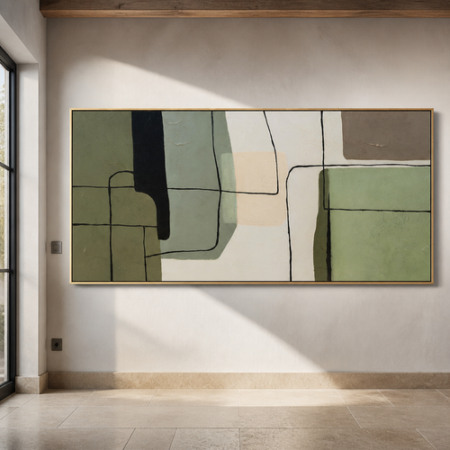 Large horizontal sage green and cream abstract canvas in a slim gold floating frame on a chalk white lime wash wall
