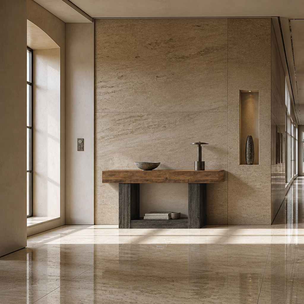 63 inch farmhouse console table in a wide travertine hallway