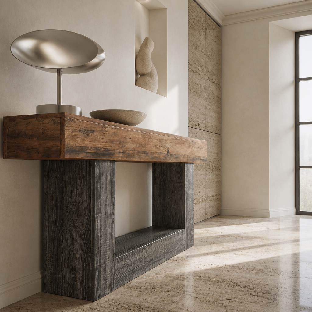 Low three quarter view of the console showing the open shelf between the two slab legs
