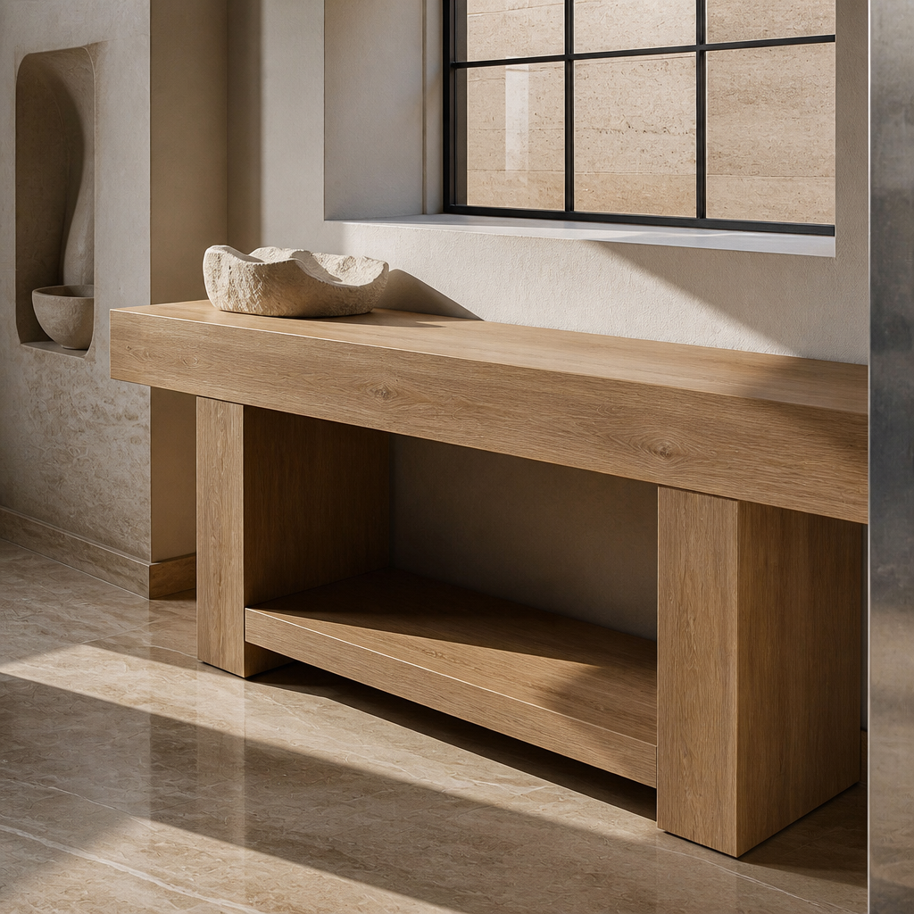63 inch farmhouse console table in a uniform light natural oak finish