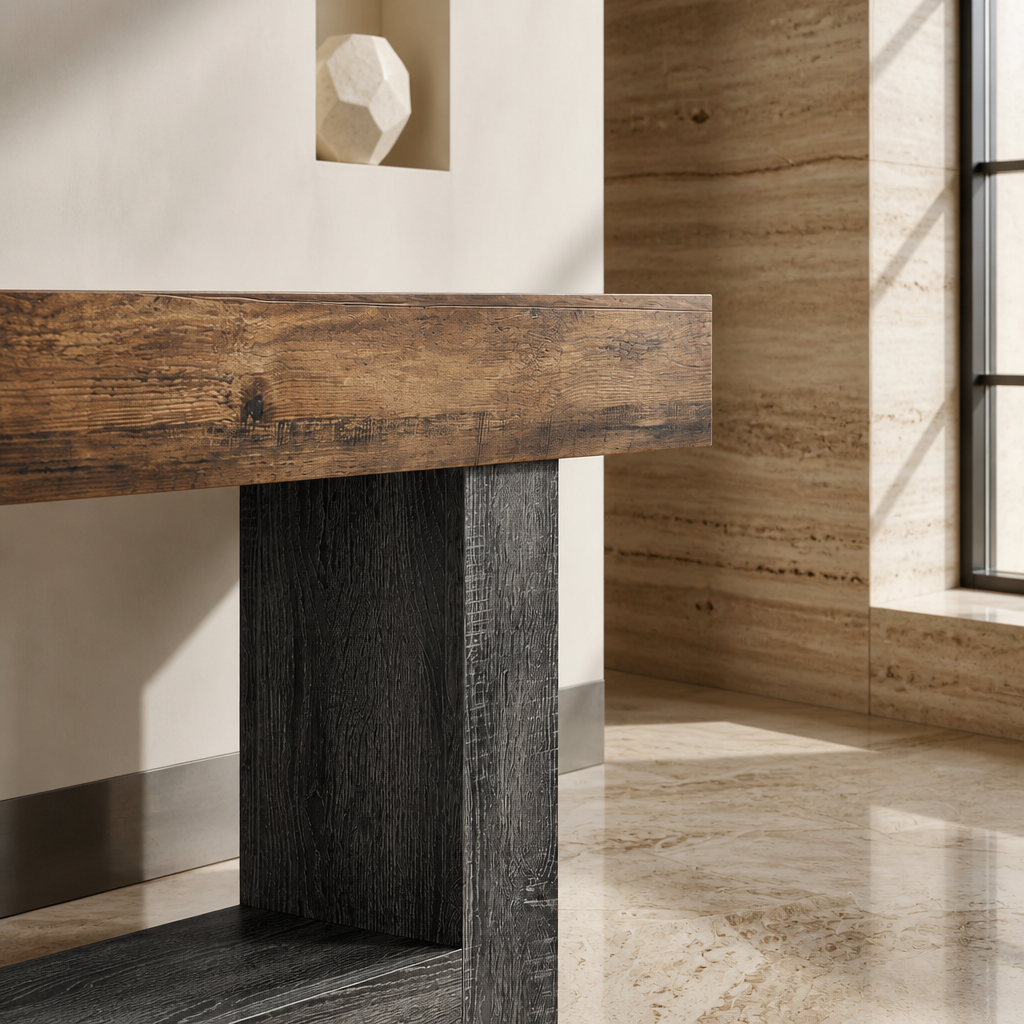 Close detail of the thick brown beam top meeting the charcoal weathered slab leg