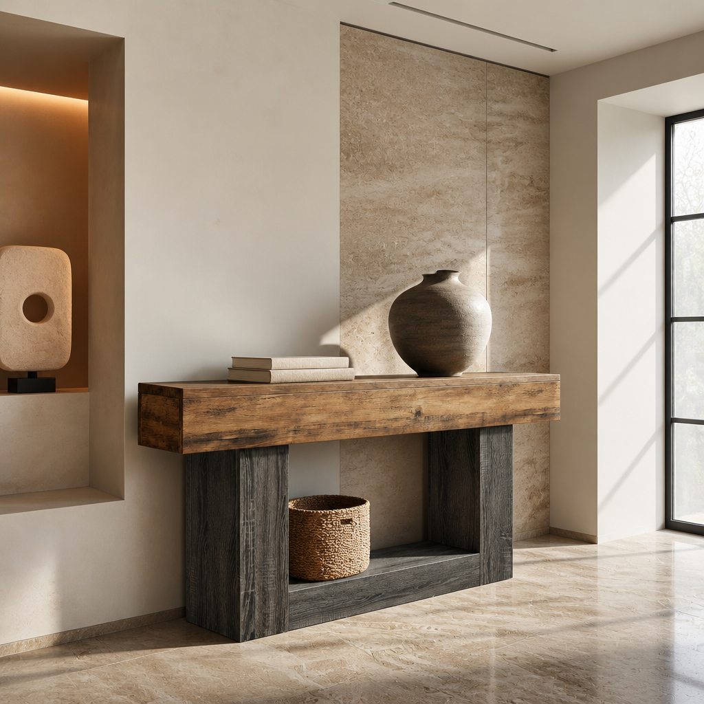 Farmhouse console table styled as an entry with a stoneware vessel, books and a woven basket