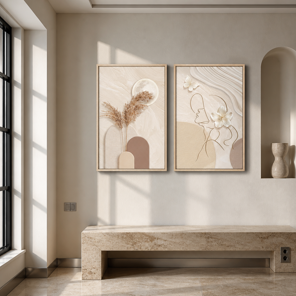 20 by 30 inch framed art diptych above a travertine bench
