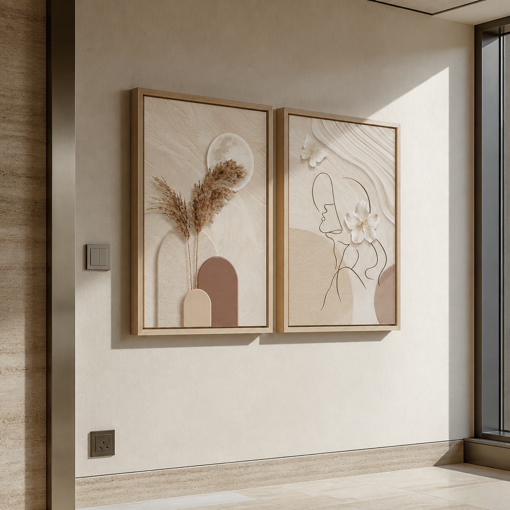 Framed beige abstract art diptych on a travertine wall beside a sofa
