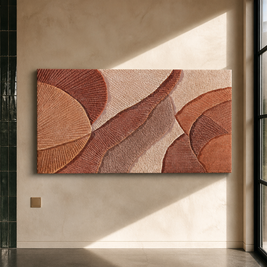 Frameless terracotta textured abstract relief wall panel on a bone lime plaster wall