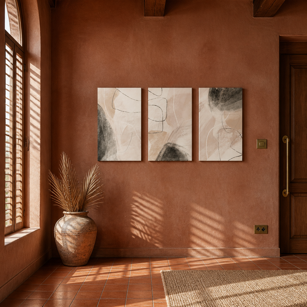 Abstract boho three panel canvas set in a terracotta room with shuttered window