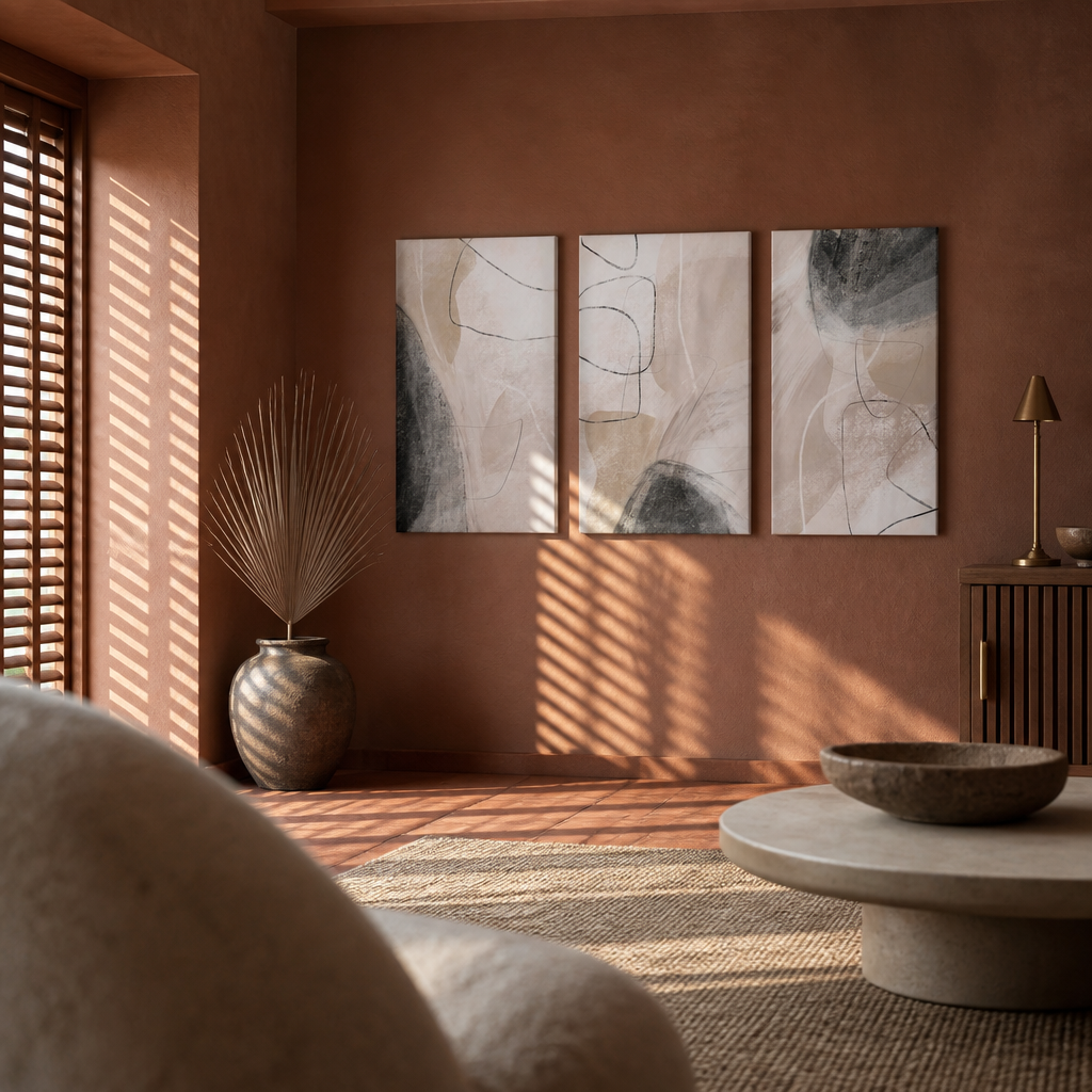Abstract boho triptych seen across a living room seating group