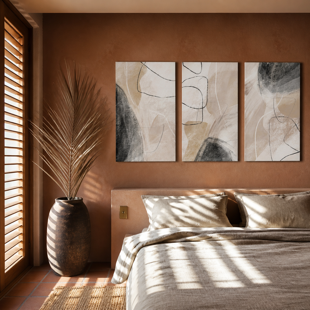 Three panel abstract boho canvas set hung above a linen dressed bed