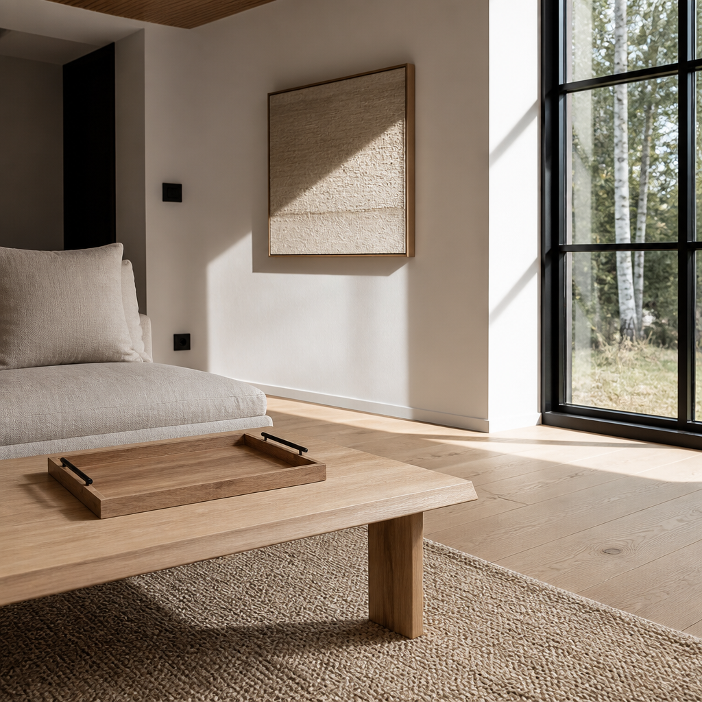 Acacia serving tray on a low table in an oak floored living room