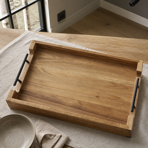 Acacia serving tray styled overhead on an oatmeal linen cloth