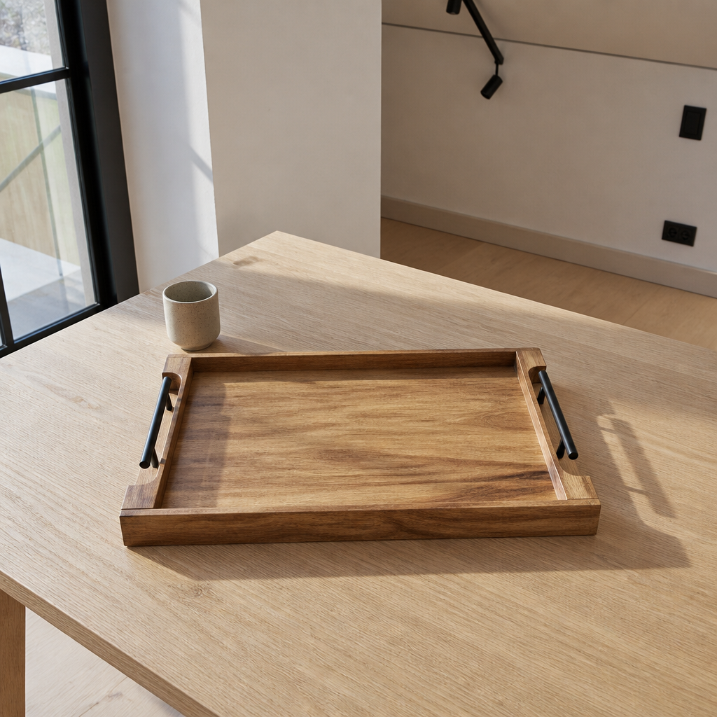 Acacia serving tray with black metal handles, whole tray in frame on a pale oak table